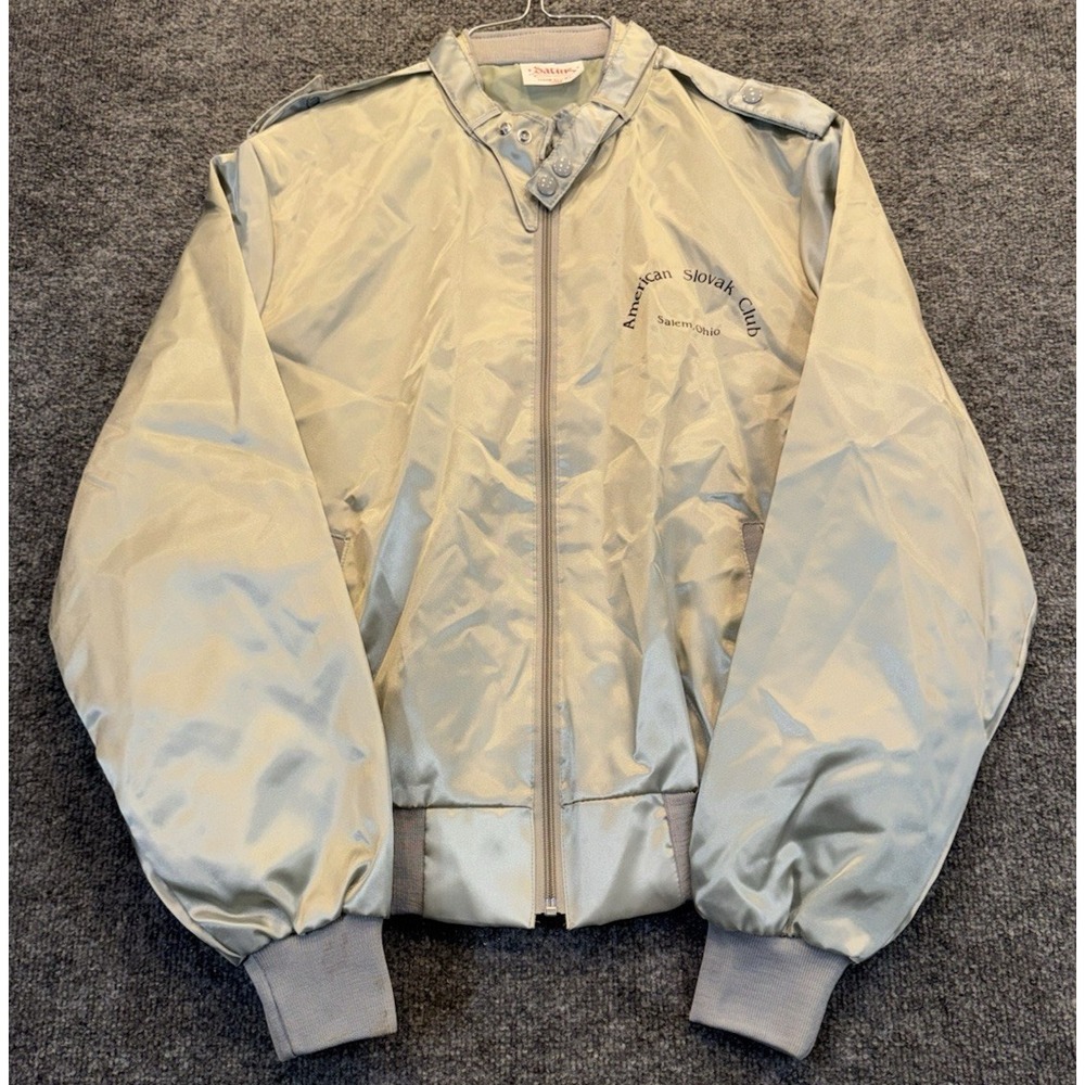 Vintage Satins USA Men's Large Silver Nylon Bomber Jacket Made in USA